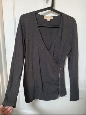 Michael Kors Dark Gray Long Sleeve Wrap Top Large